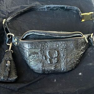 Black Crocodile-Embossed Belt Bag